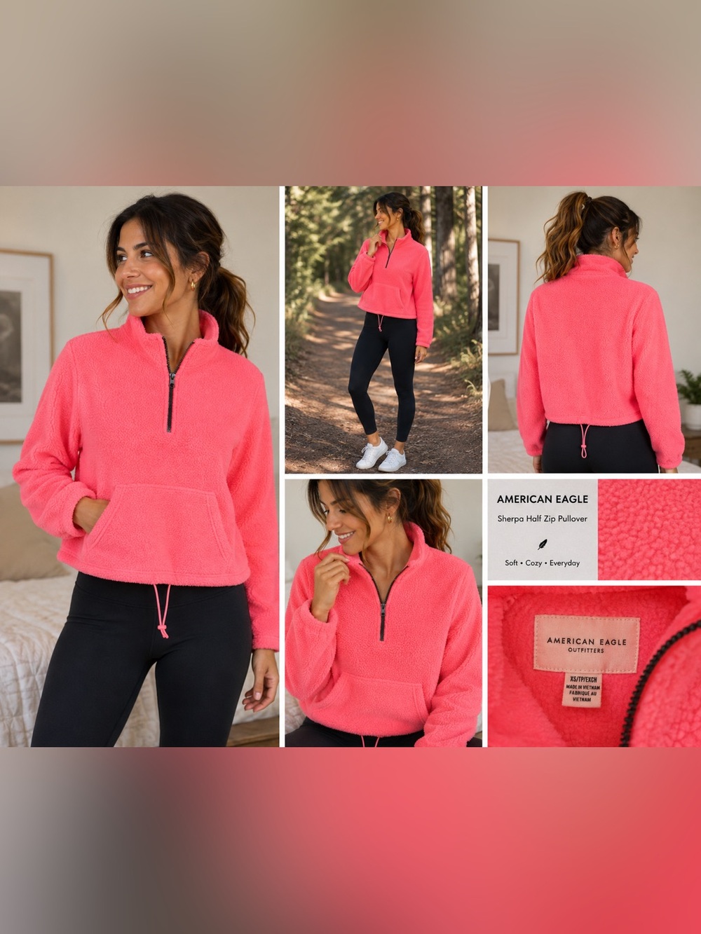 American Eagle Coral Sherpa Half Zip Cropped Pullover XS Cozy Fleece